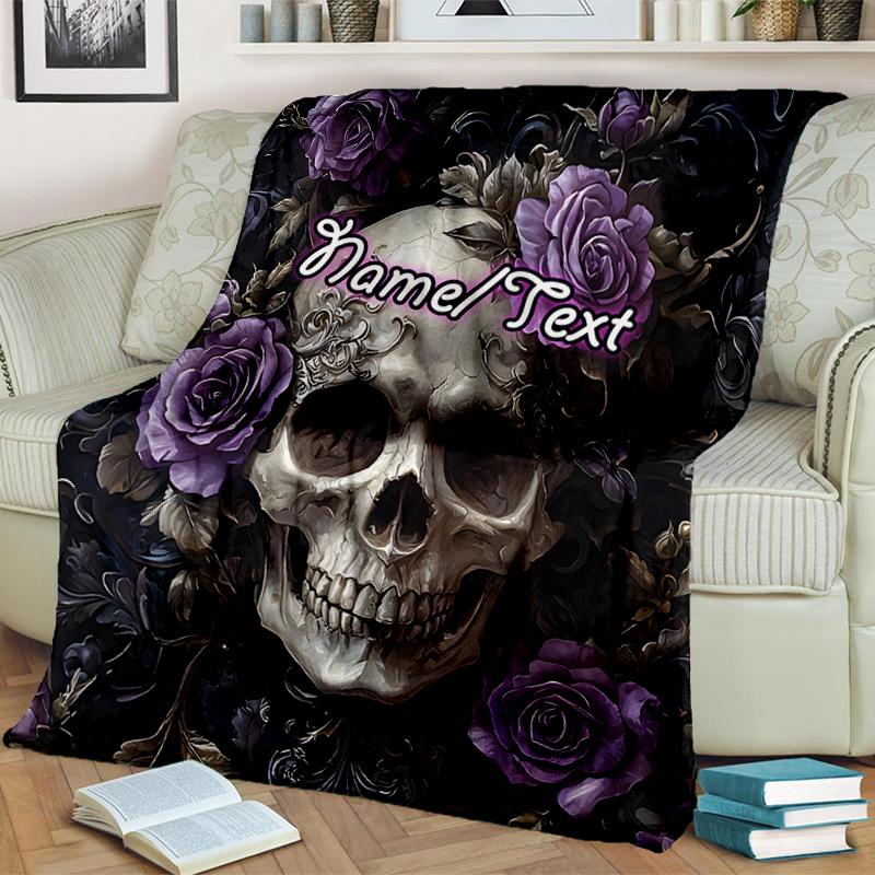 1PC Custom Name Skull Roses Artwork Outdooor Flannel Blankets Throw Blanket All-Season Throw Gift Bedspread for Couch, Bed, Camping Holiday Birthday G