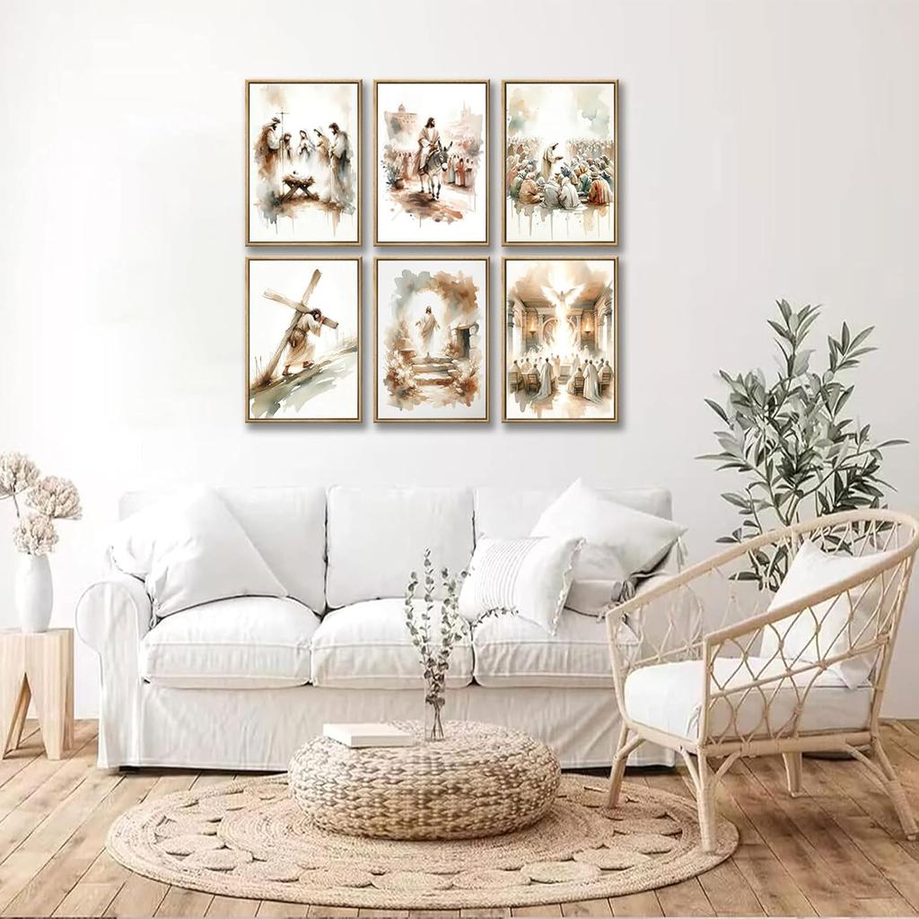 6Pcs Jesus Canvas Wall Art Watercolor Jesus Bible Posters Prints Christian Wall Decor Pictures Paintings for Living Room Bedroom Church Home Decor