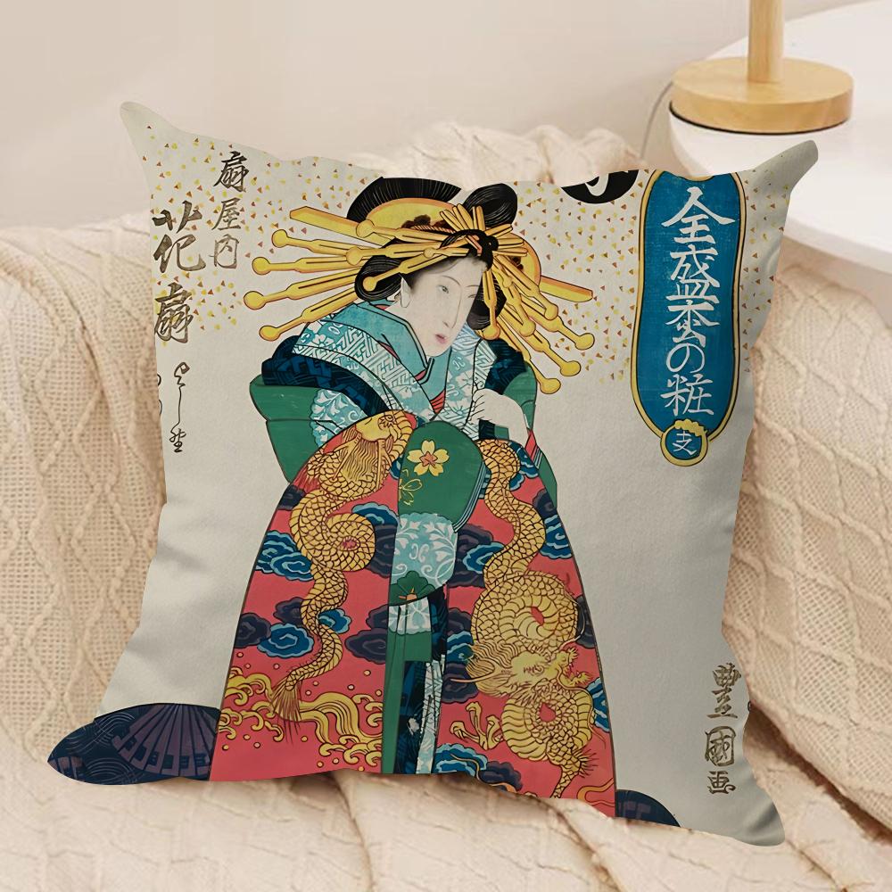 Retro Japanese Geisha Cushion Cover Silky Short Plush Invisible Zipper Dustproof Sofa Pillow Case For Home Decor