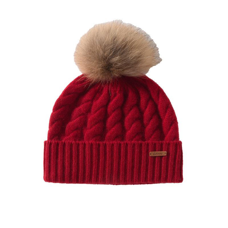 % Cashmere autumn and winter new women's high-end solid color twisted flower hairball warm fashion knitted casual hat