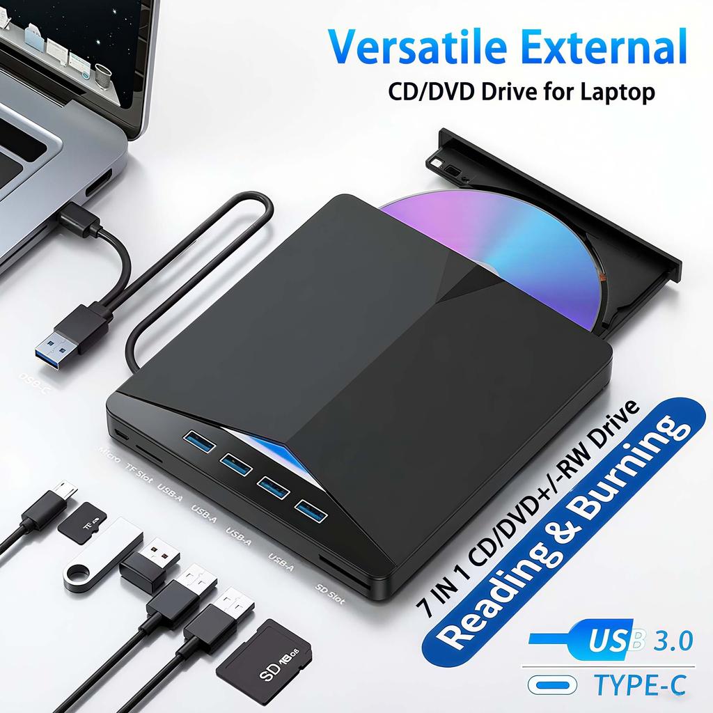7-in-1 USB 3.0 Type-c External DVD RW CD Burner Reader Player Optical Drives Tray Type DVD Burner For Laptop PC Desktop IMacs