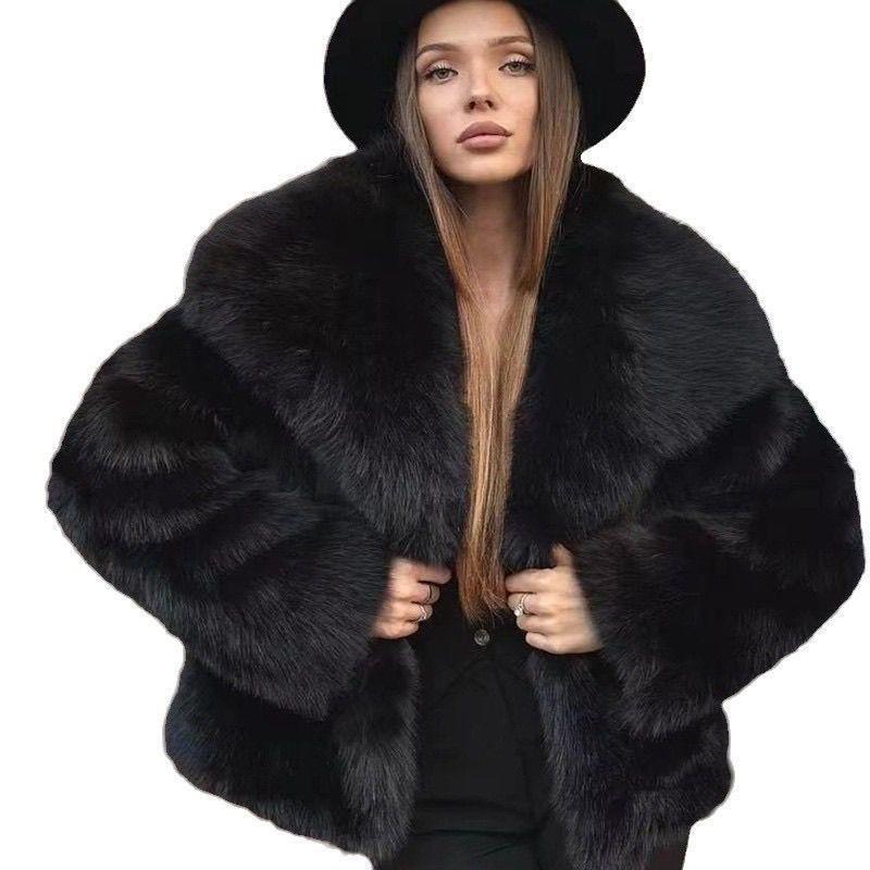 

Wind fur large lapel jacket short man imitation fox hair fluffy plush women s winter S чорний
