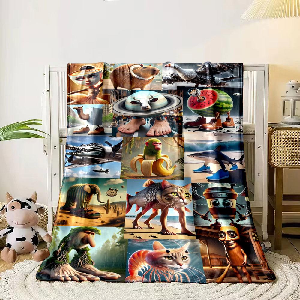 

The main pattern combines animals, objects, and surreal transformations. for all seasons blanket lunch break throw gift 80cm x 120cm