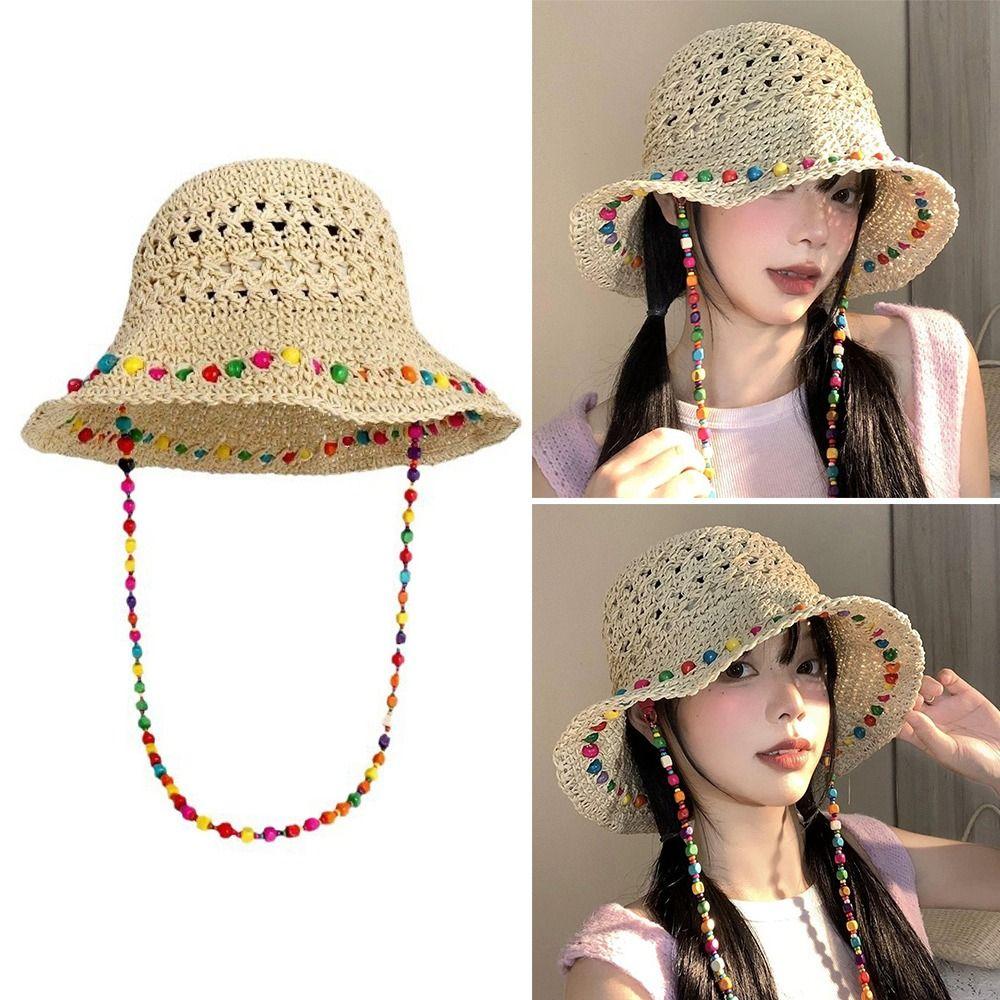 Foldable Straw Hat Color Wood Beads Sunshade Hat New Sun Cap