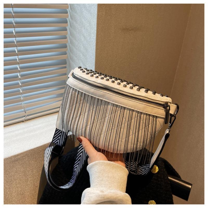 Rivet Small Bag Women's New Fashion Versatile Fringed Dumpling Bag Wide Shoulder Strap Women's Breast Bag Waist Bag