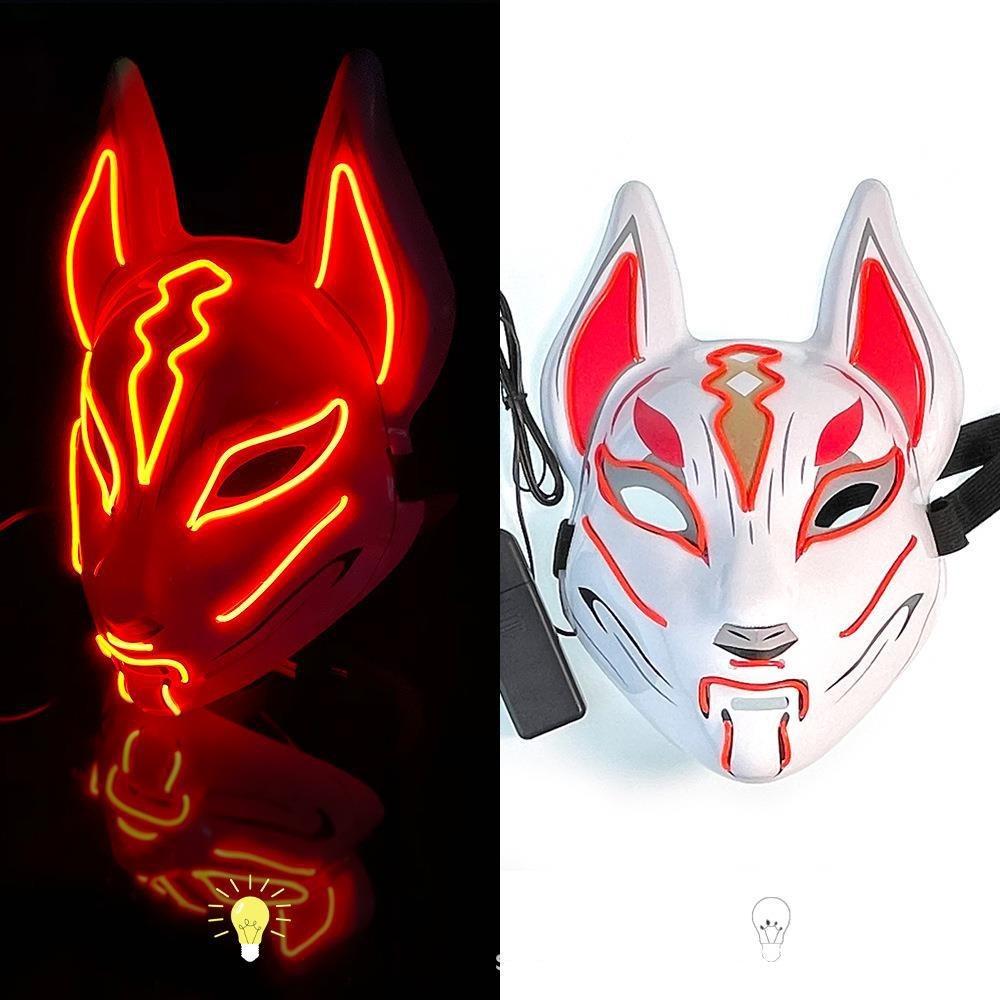 High Quality PVC Japanese Fox Mask Full Face Reusable Halloween Costume Mask Durable LED Neon Light Mask