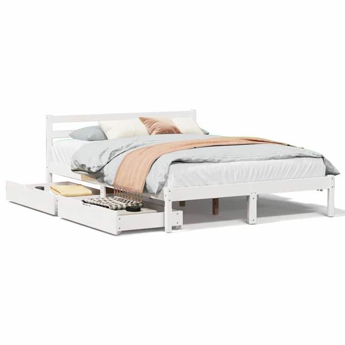 VidaXL Cadre de lit avec tiroirs blanc 160x200 cm bois massif de pin, sommier, cadre de lit double, cadre de lit en bois 3301545