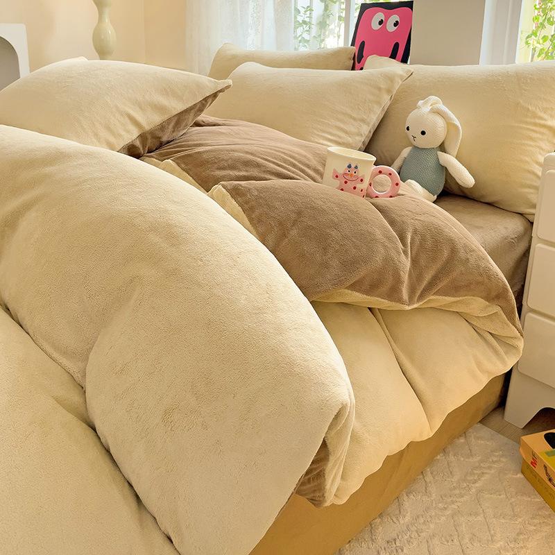 Thickened Milk Fleece Four-Piece Set, Milk Fleece Coral Fleece Bed Sheet Quilt Cover Double-Sided Flannel Bed Three-Piece Set