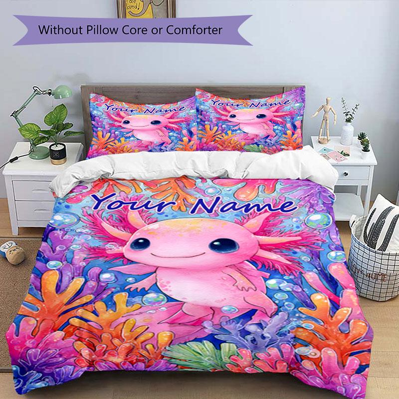 3PC Custom Name Axolotl Coral Reef Bedding Set Duvet Cover Closure Includes 1 Duvet Cover & 2 Pillowcases for Bedroom