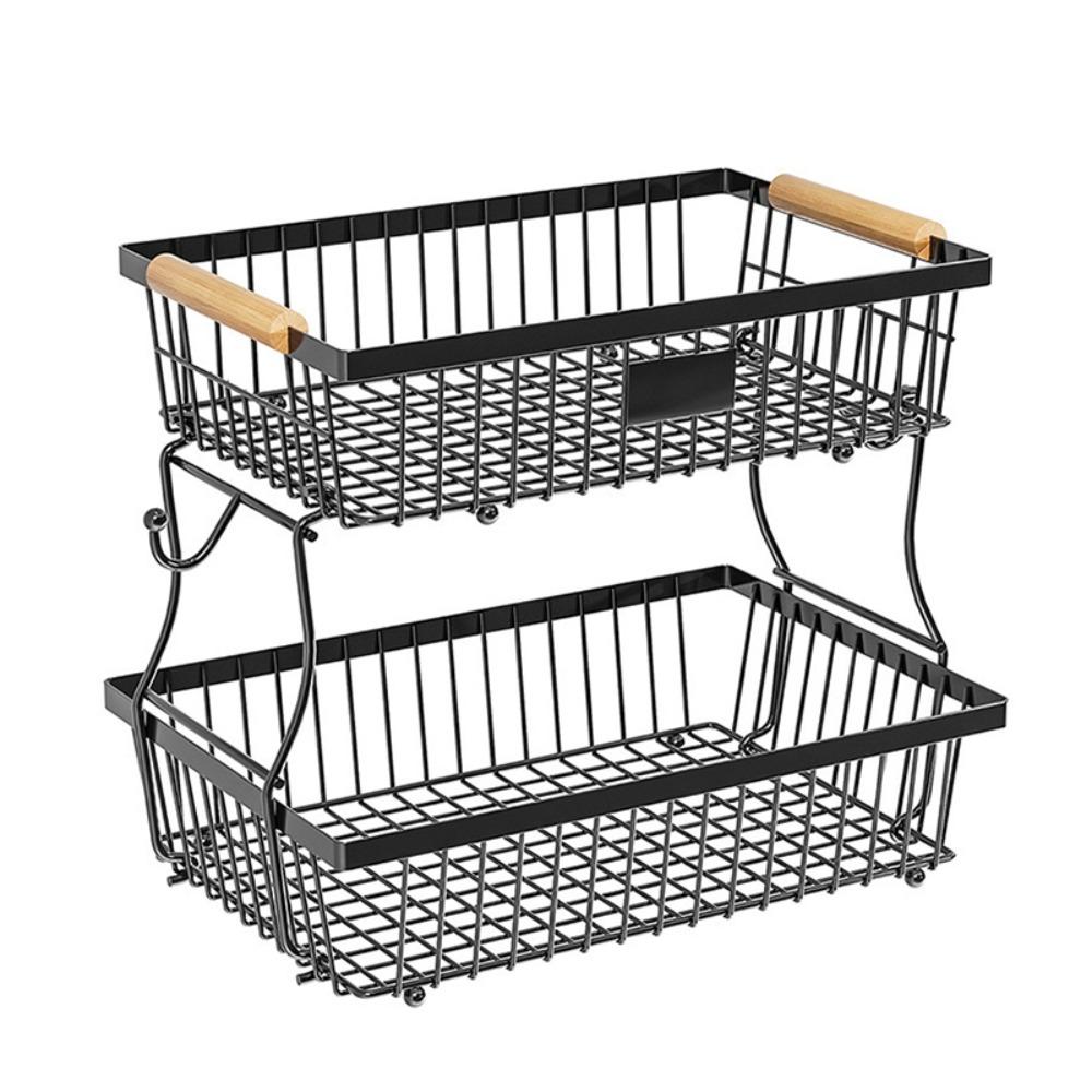 

Wooden Handle 2 Tier Fruit Basket Detachable Kitchen Storage Shelf Snack Storage Basket Cosmetics чёрный