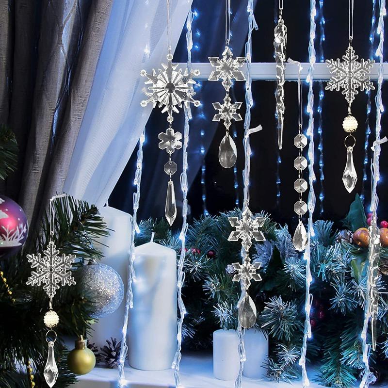 Xmas Tree Transparent Snowflake Hanging Ornaments Acrylic Icicle Pendant 2025 Christmas Decoration for Home New Year Gifts