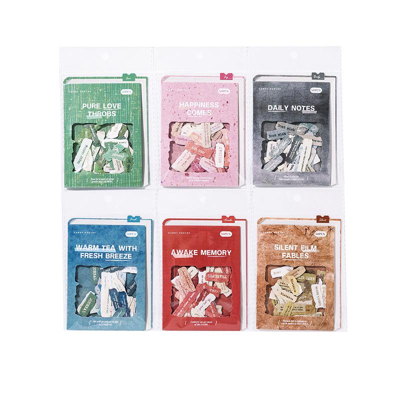 50-Sheet English Note Collage Stickers, Vintage Typography & Mini Paper Scrap Designs, Self-Adhesive for Journal DIY
