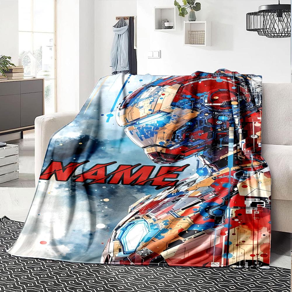 Iron Man In Action With Glowing Repulsors And A Futuristic Background Throw Customizable Blanket Customize Text Warmthful Decor For Sofa Couch Office