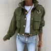 Veste d'automne pour femme à col montant et manches longues, coupe ample, couleur unie, poches cargo, ourlet à cordon de serrage, veste utilitaire courte