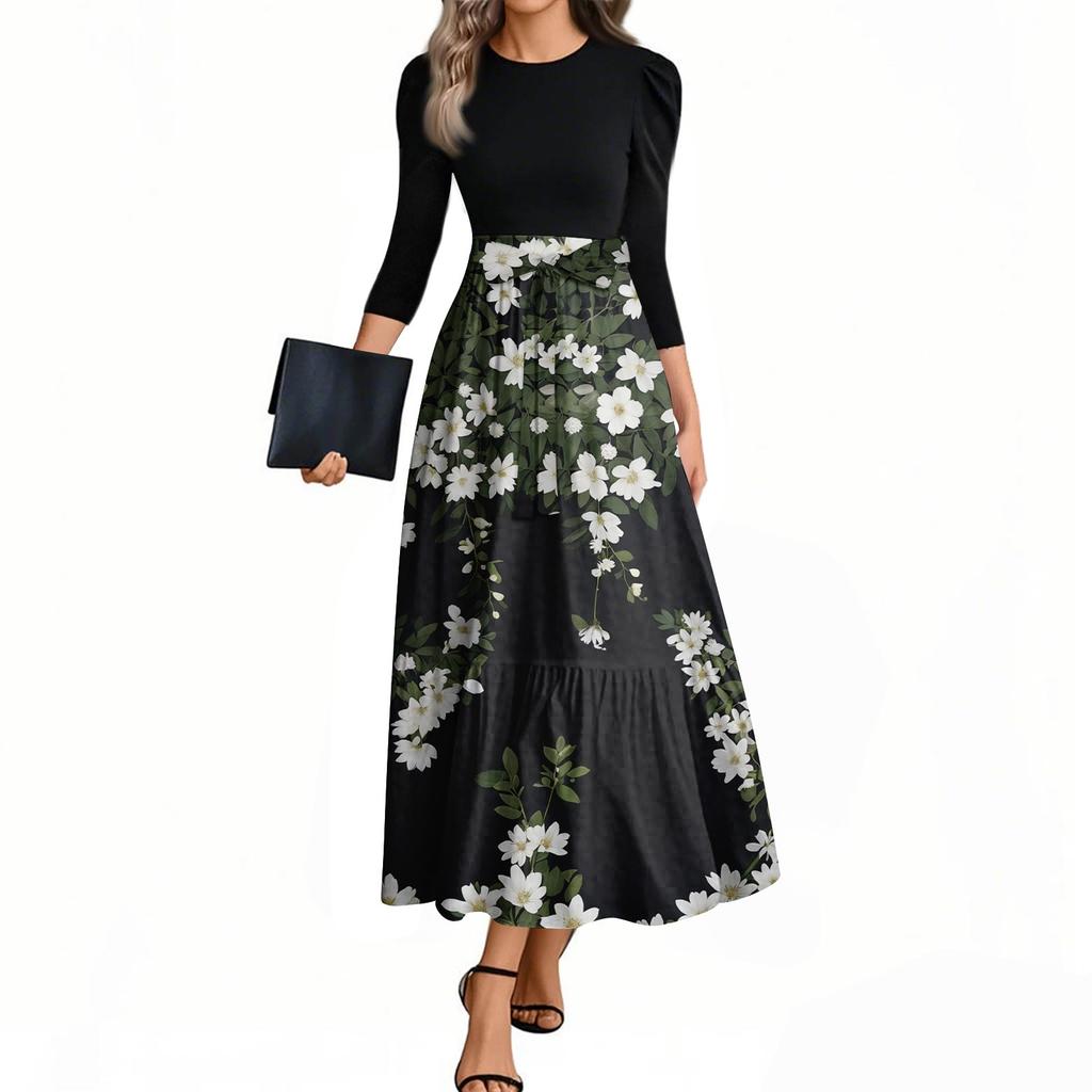 Damenmode Lässig Gürtel Dreiviertelarm Rundhals Floral Bedruckt Elegant Temperament Kleider