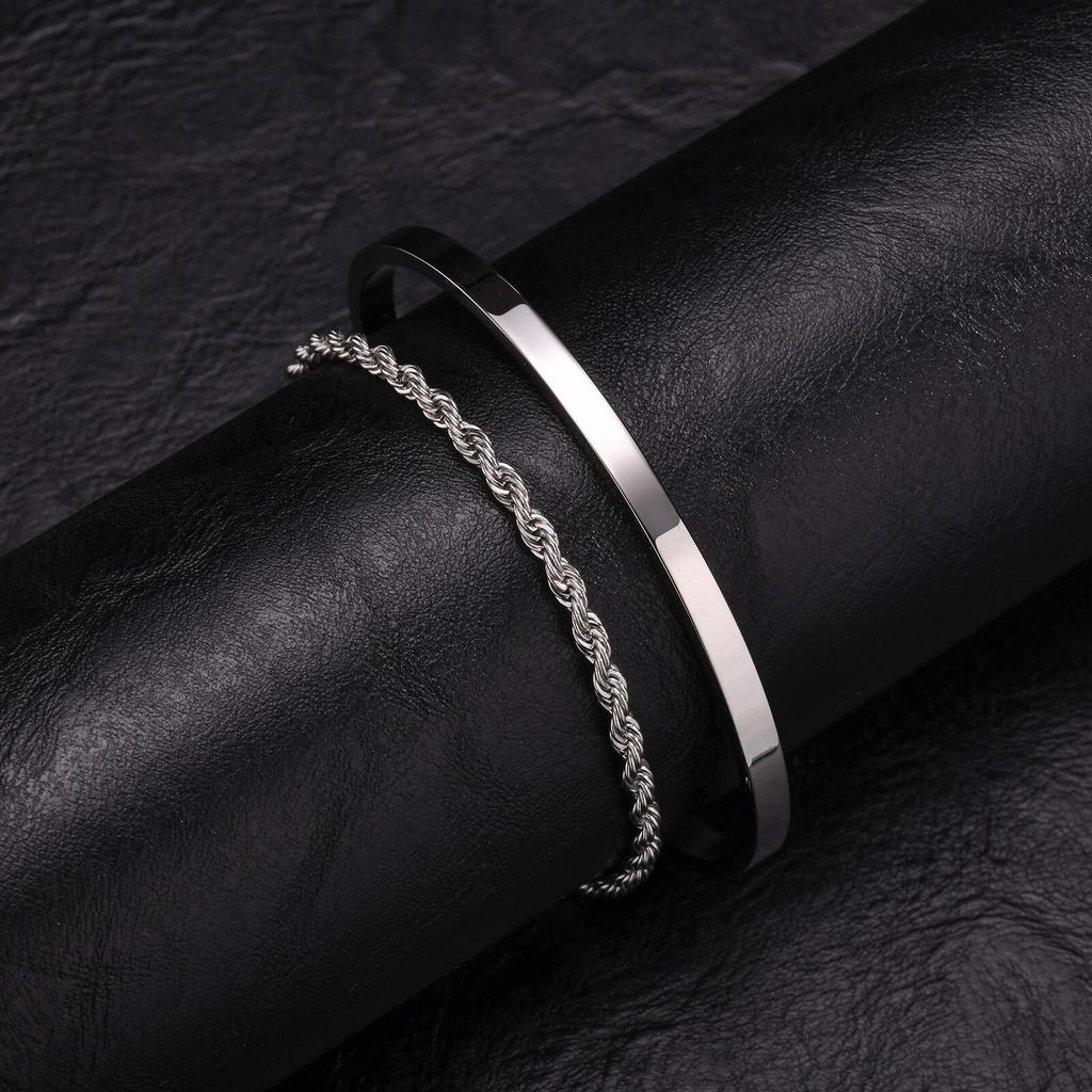 2 stuks Heren Kettingarmbanden, Roestvrij Staal Manchet Bangle Armband, Casual Sieraden Set voor Echtgenoot Vader