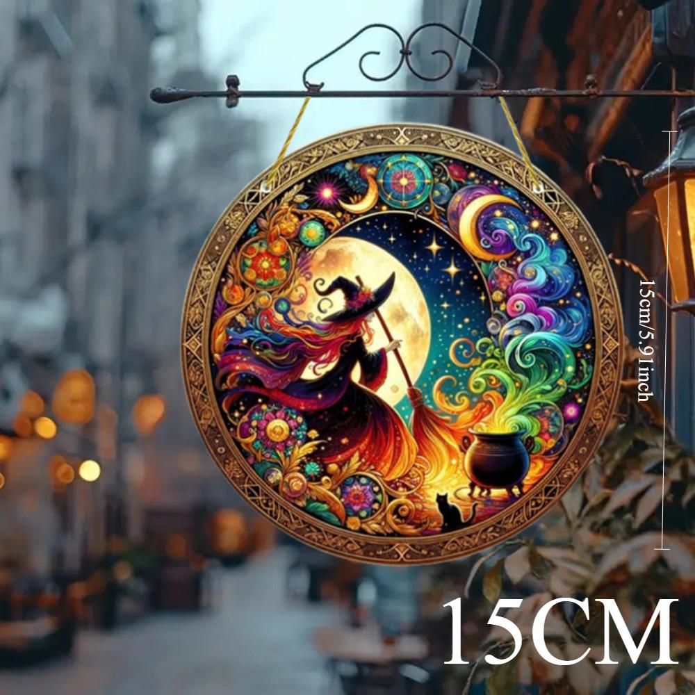 2D Flat Halloween Witch Print Art Window Hanging Dream Catcher, Acrylic Round Wreath Decoration, Indoor and Outdoor Porch Home Accessories