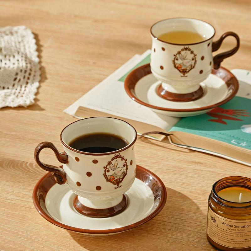 Ceramic Coffee Cup French Cute Rabbit Mug High Beauty Makeup for Home Afternoon Tea Cups Small Edition Cup Plate Set Drinkware