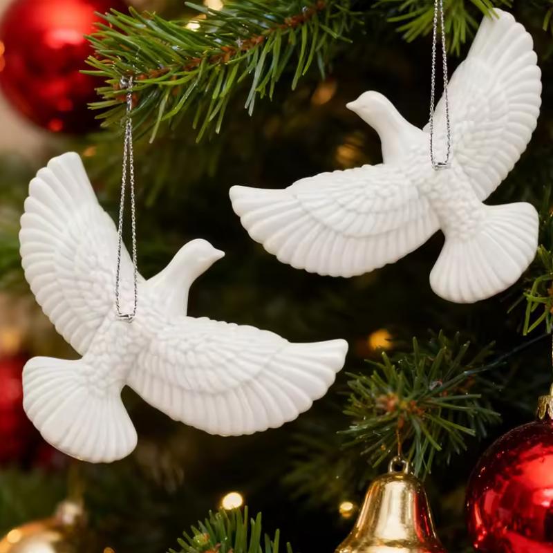 2-Piece Peace Dove Christmas Tree Ornaments White Resin Bird Pendants 2026 New Year Party Home Decor Children's Gifts