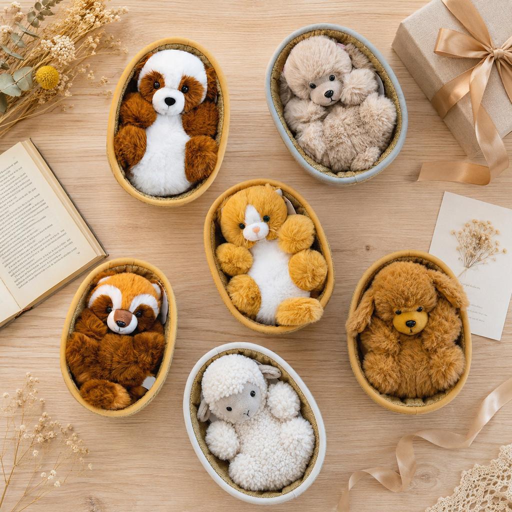 Plush Stuffed Animal Toy with Woven Basket Bed for Children's Gift Decorative Soft Doll