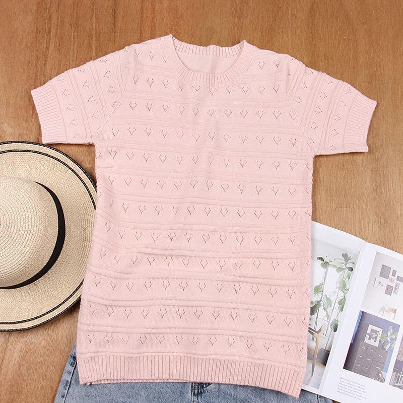 Dámský podzimní a zimní jednobarevný pletený volný svetr s kulatým výstřihem a krátkým rukávem