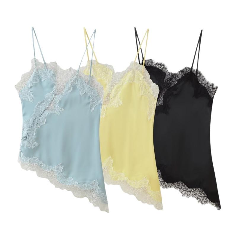 Moda Dulce Encaje Patchwork Ropa Interior Top Irregular Biselado Correa Chaleco Tops de Tirantes de Verano para Mujer Nuevo Elegante Holgado Casual Sexy Camisetas de Tirantes