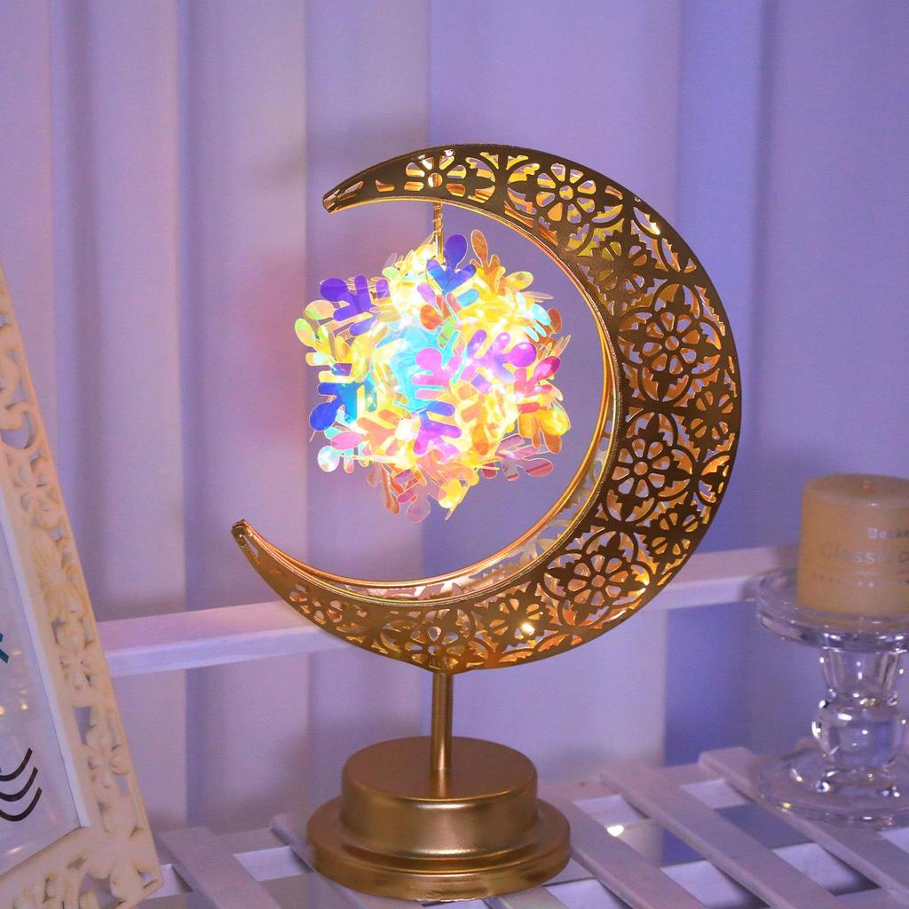 Drehbare LED-Schmiedeeisen-Mond- und Sternenlampe – Dekoratives Schreibtischornament im nahöstlichen Stil.