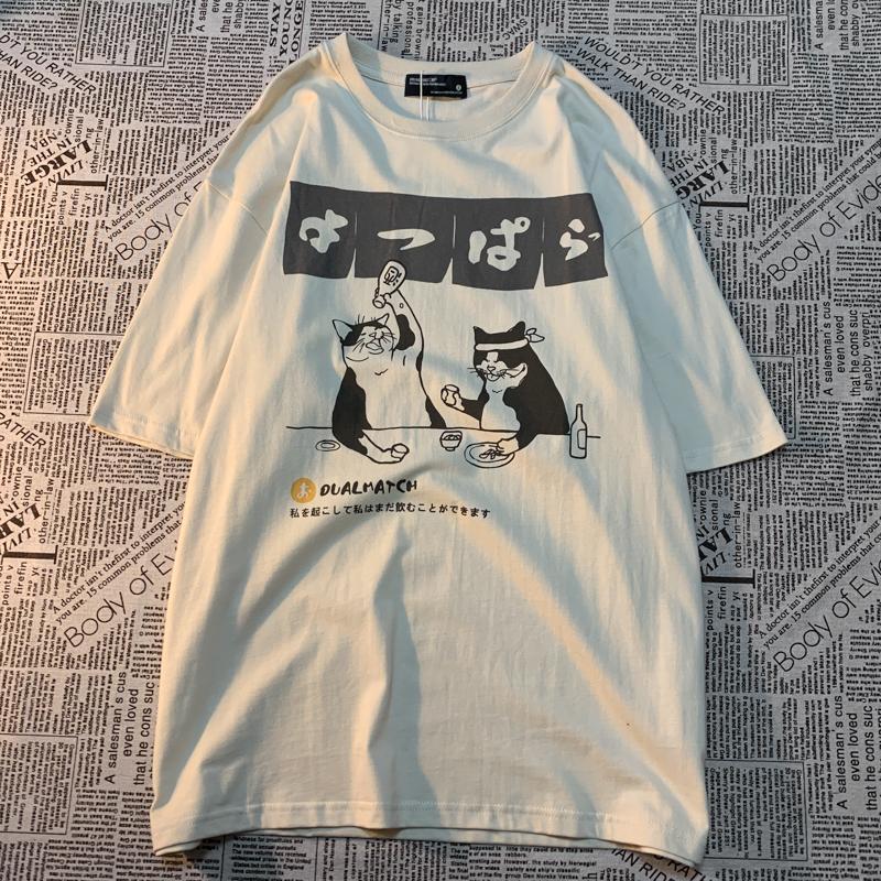 

Original Japanese Retro Cat Print Pure Cotton Short Sleeved T-shirt For women s men s Trendy Street Loose Couple t-shirt 4XL