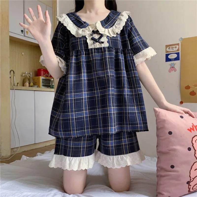 Spring and Autumn Women's Pajamas Homewear Suit Female Court Style Doll Collar Japanese Girl Plaid Autumn and Winter Homewea