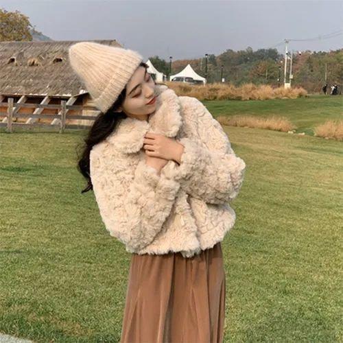 Winter new cotton thickened lamb wool coat women's short small horn buckle imitation rabbit plush fur