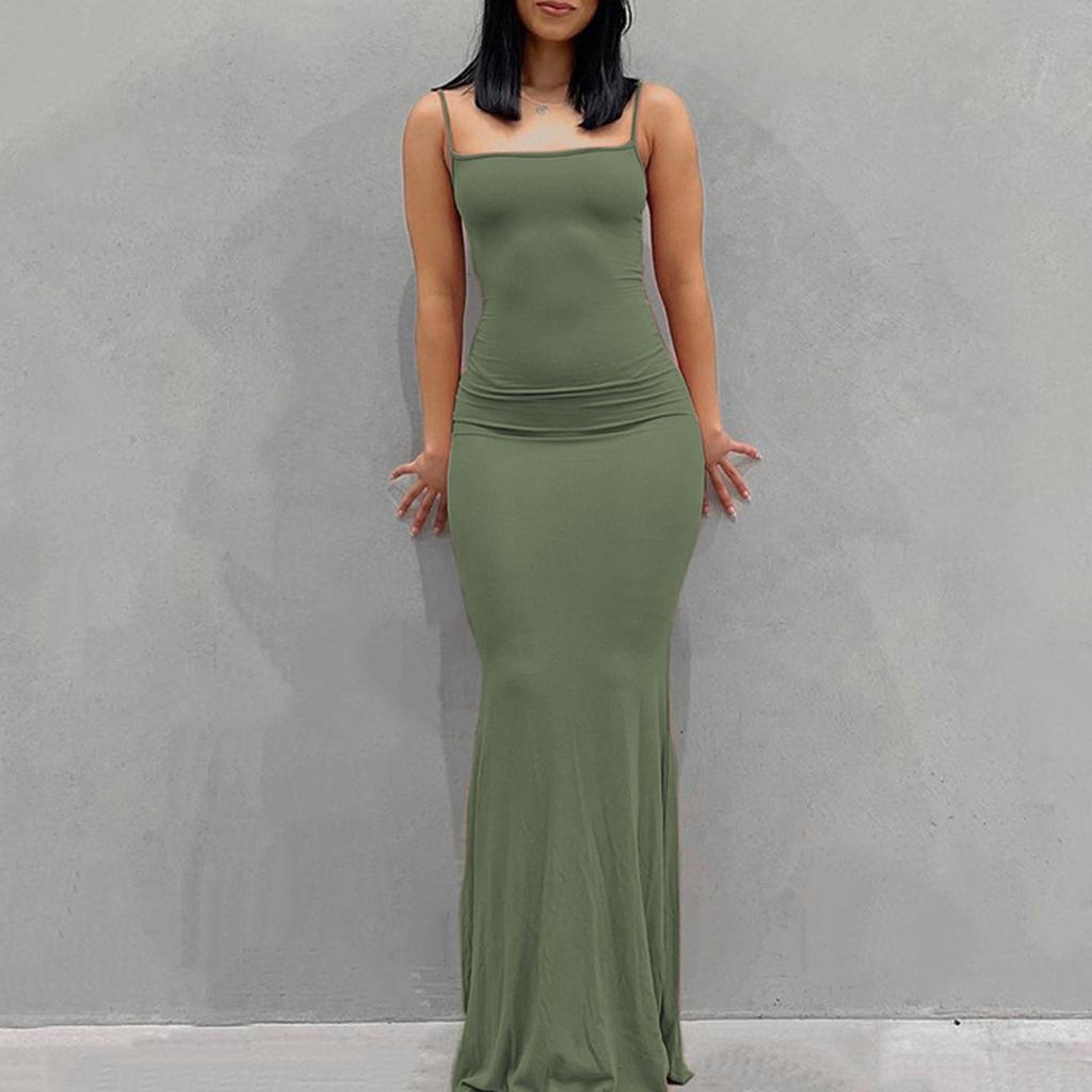 Fashion Women's Sling Sleeveless Sexy Solid Color Open Back Slim Fit  Long Dress