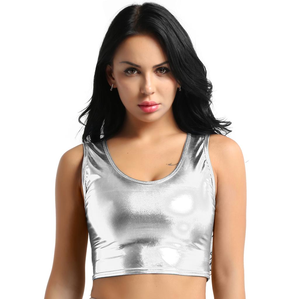 Crop top fără mâneci metalic strălucitor pentru damă, tricou pentru dans disco, bluză, vestă, îmbrăcăminte de club