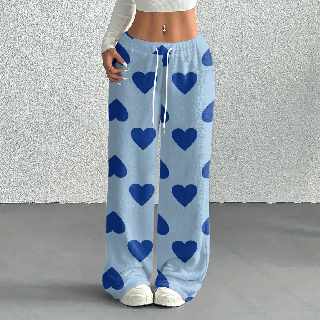 Women's Casual Fashion Printed Elastic Waist Loose Straight Leg Pants With Rope