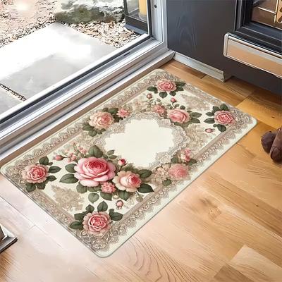 Vintage Romantic French Rose Lace Print Doormat Shabby Chic Floral Victorian Entryway Rug Soft Non-Slip Indoor Outdoor Carpet