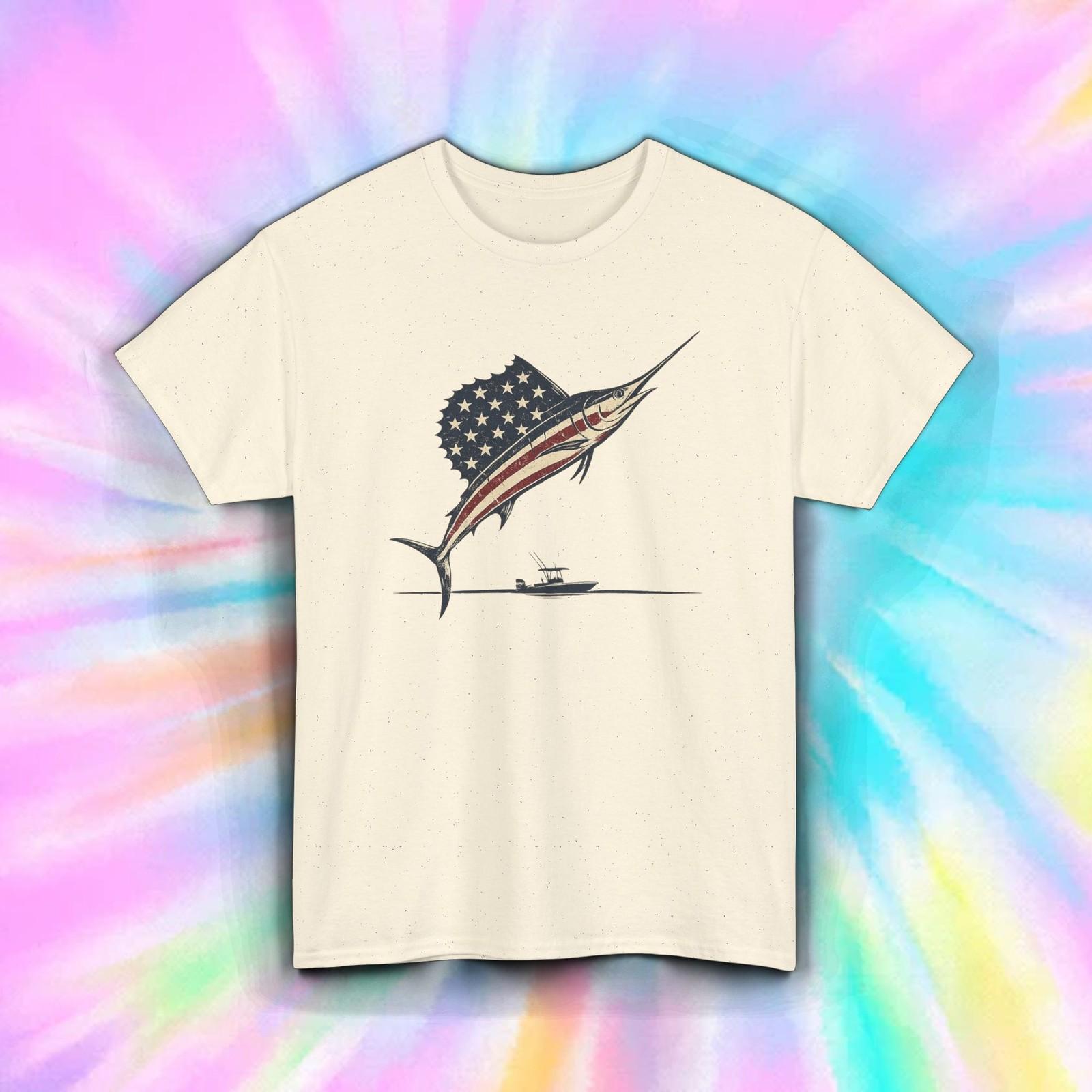 Patriotic Sailfish Shirt USA Flag Marlin Fishing Tee Offshore Angler Gift S