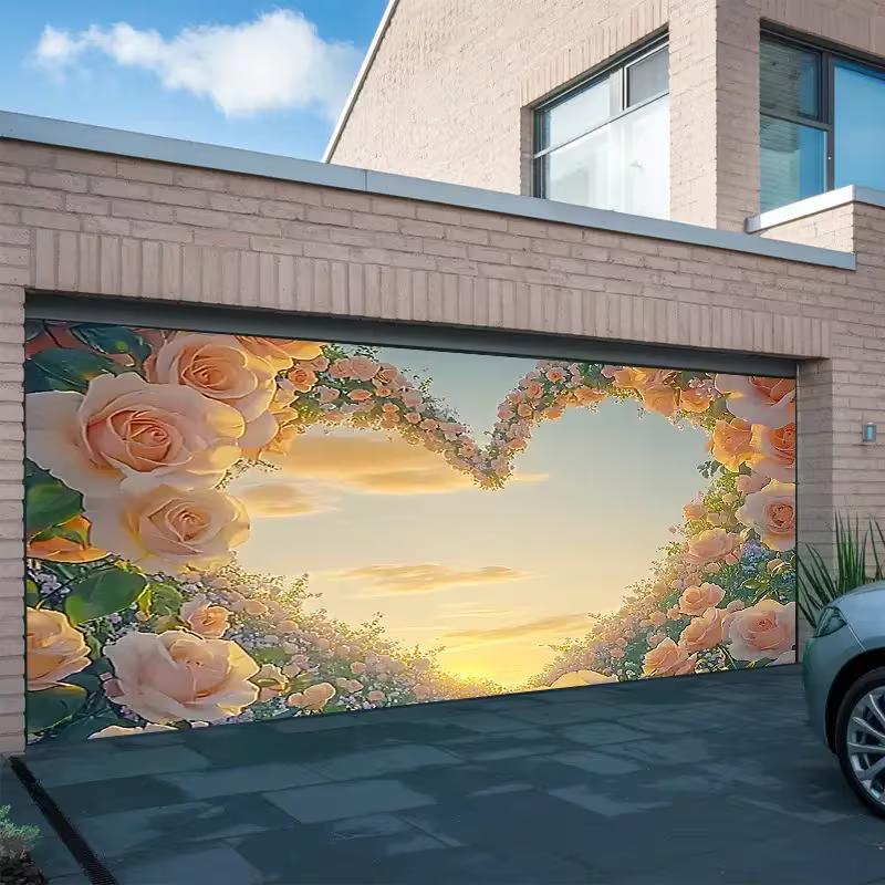 

2D Large Peach Rose & Heart Arch Garage Door Cover with Sunset View 47.2x31.5inch/120*80cm