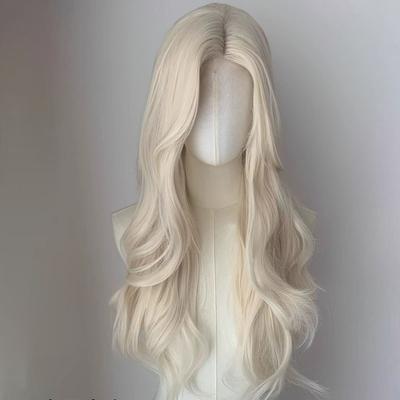 White Gold Long Curly Synthetic Wig High Quality Fashion Big Wave Bangs Women's Hair Wig
