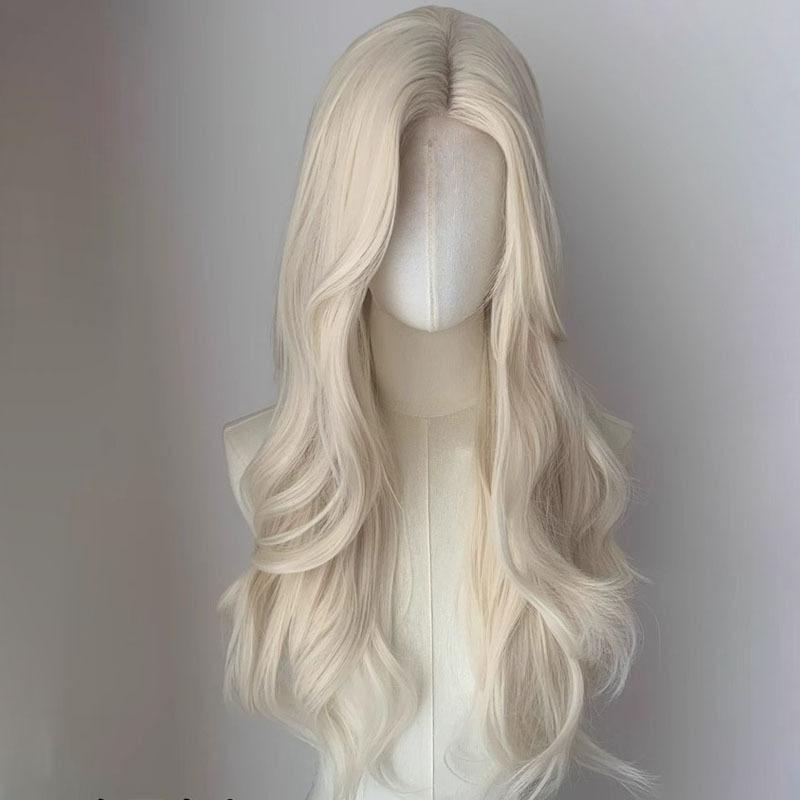 White Gold Long Curly Synthetic Wig High Quality Fashion Big Wave Bangs Women's Hair Wig