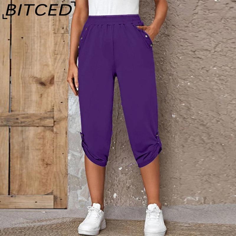 BITCED Damen Cropped Hosen mit Taschen und elastischem Bund, Sommerknöpfe
