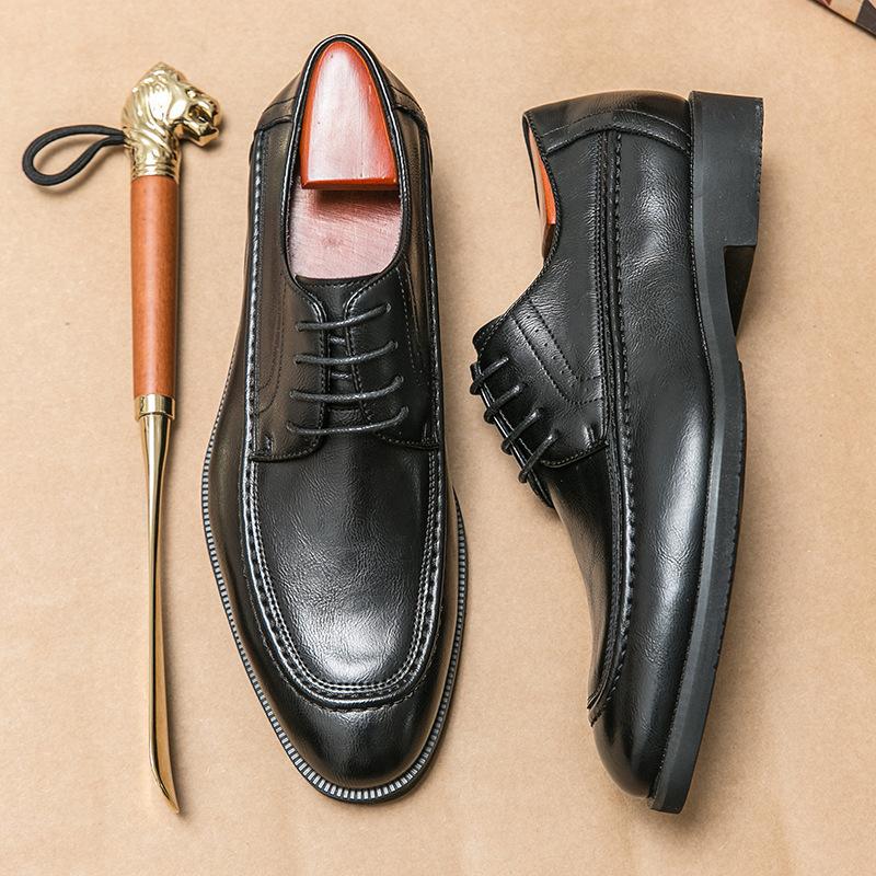 British Leather Shoes Men's Business Dress Black Low-top Wedding Shoes Casual Soft Sole Trend Versatile Men's Shoes