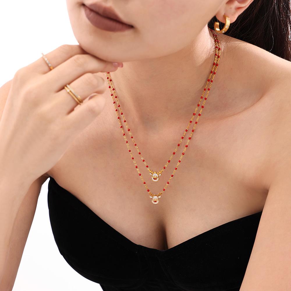 Mi Duo Duo Christmas Bell Reindeer Zircon Necklace - Stainless Steel Romantic Gift