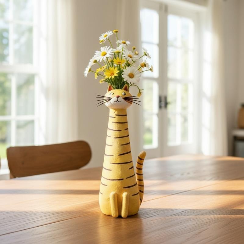 Cat Shaped Resin Vase 1 Piece Cute Long Necked Flower Holder Creative Cat Decor for Home Office Desk