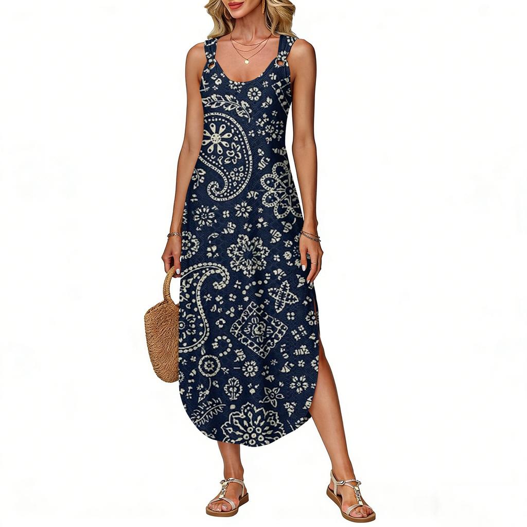 Women's Summer Long Dress, Sleeveless With Side Slits, Long Retro Printed Camisole Dress