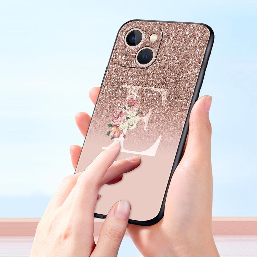 Letter Pink Shiny Phone Case For iPhone 17 16 15 Pro Max 11 12 13 14 7 8 Plus SE 2020 X XR XS Cover Soft Black