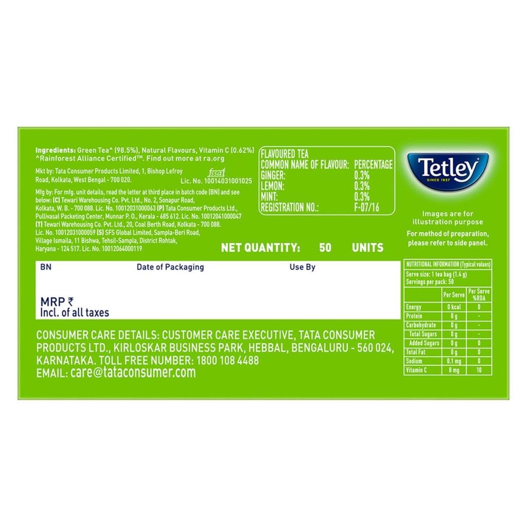 Tetley Ingefära Mynta & Citron Grönt Te 50 Påsar 100% Plastfritt Immunitetsstärkande Dryck
