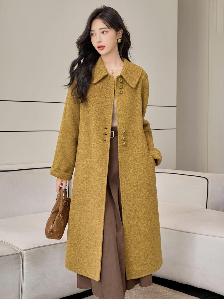 2025 Autumn/Winter Korean A-Line Cashmere Wool Overcoat with Doll Collar - Loose, Plus Size Fashion.
