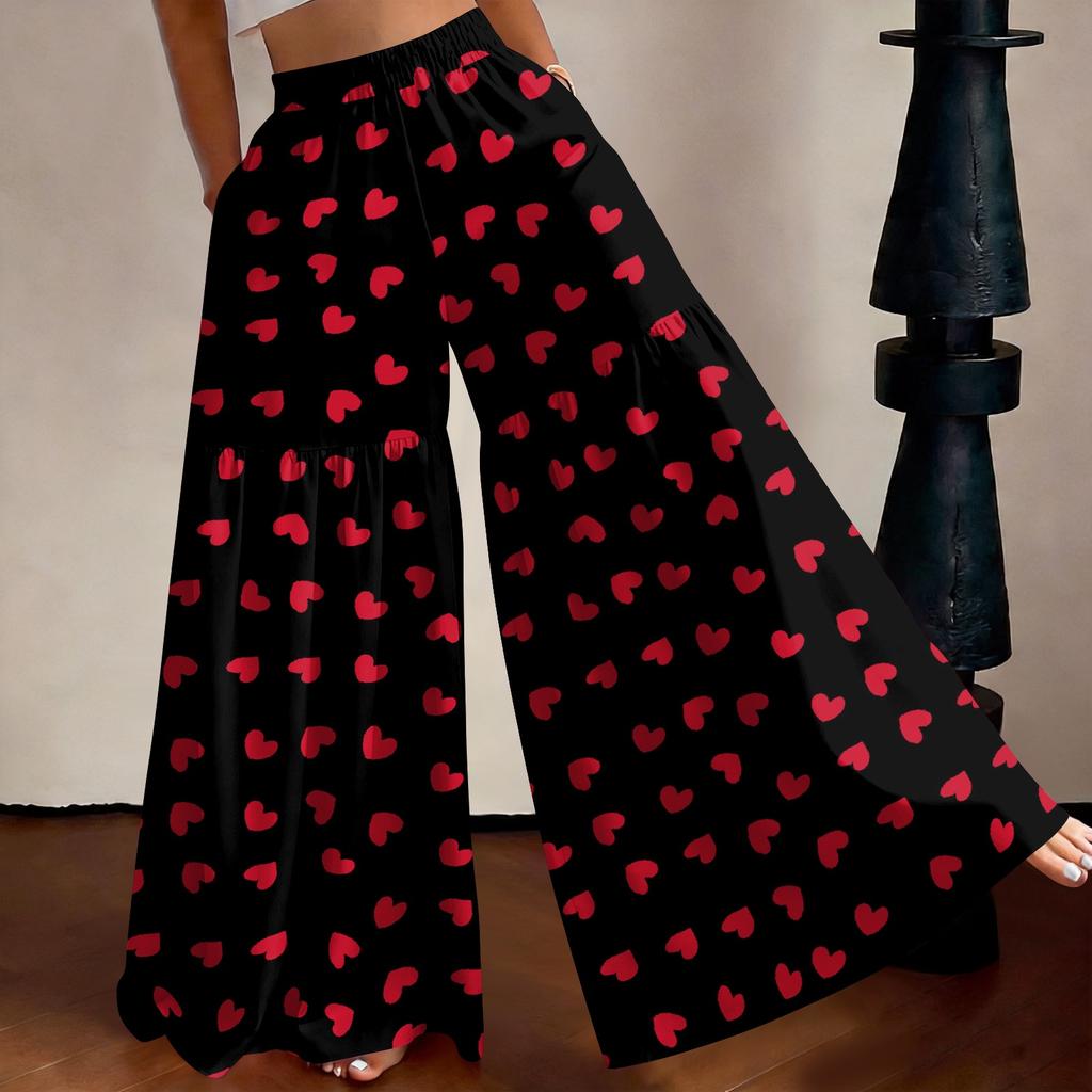 Damen High Waist Weite Beine Hose Lockerer Schnitt Leicht Fließend Bedruckte Lässige Hose Elastischer Bund Palazzo Hose