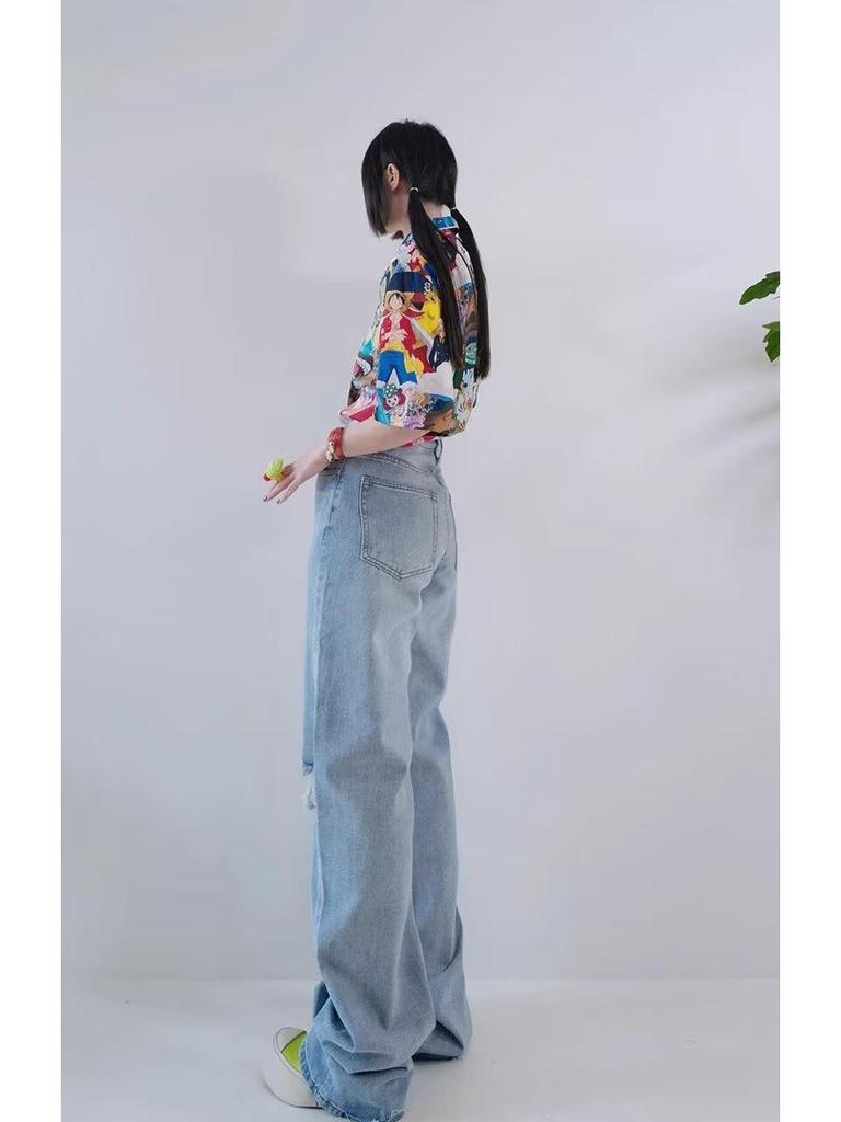 Women's High Waist Ripped Straight-Leg Jeans - Light Blue, Spring/Autumn 2024, Floor-Length, Slimming Fit