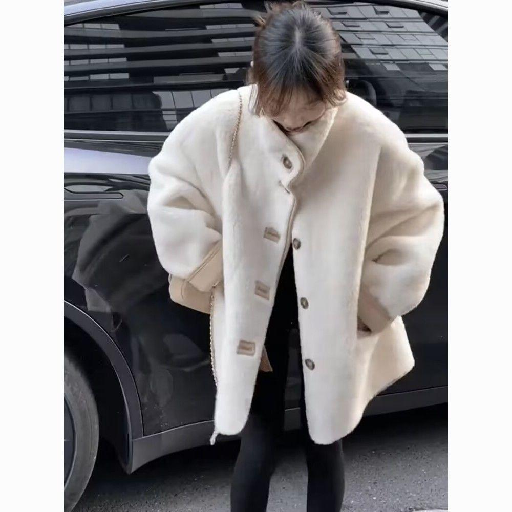 Women's Thick Shearling Stand Collar Jacket - Autumn/Winter, Loose Fit, Warm, Slimming Style
