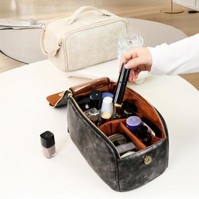 Faux Leather Travel Makeup Bag for Women Large Capacity Cosmetic Organizer Vintage Waterproof Toiletry Pouch with Handle